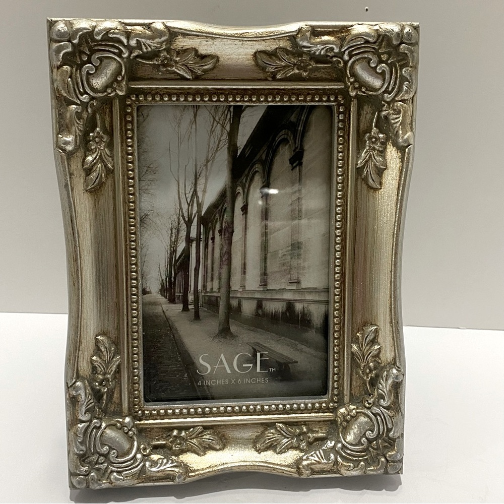 Sage Ornate Silver Tone Finish Distressed Picture Frame 4x6 Baroque VTG Style